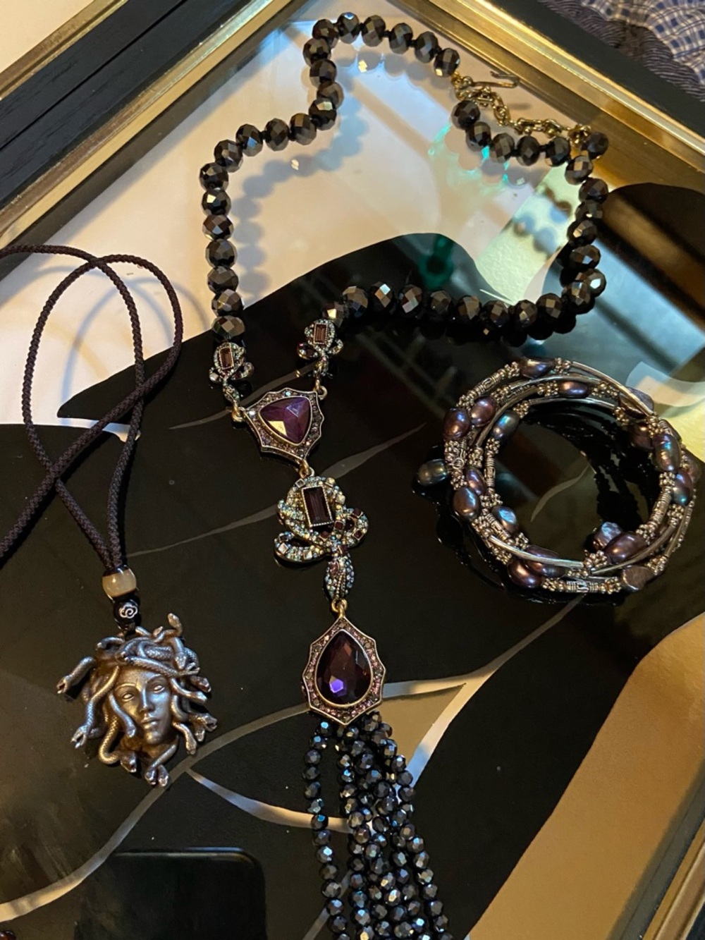 Dark Purple/Black Beaded Tassel Snake Necklace, Medusa Necklace, Pearl Bracelet